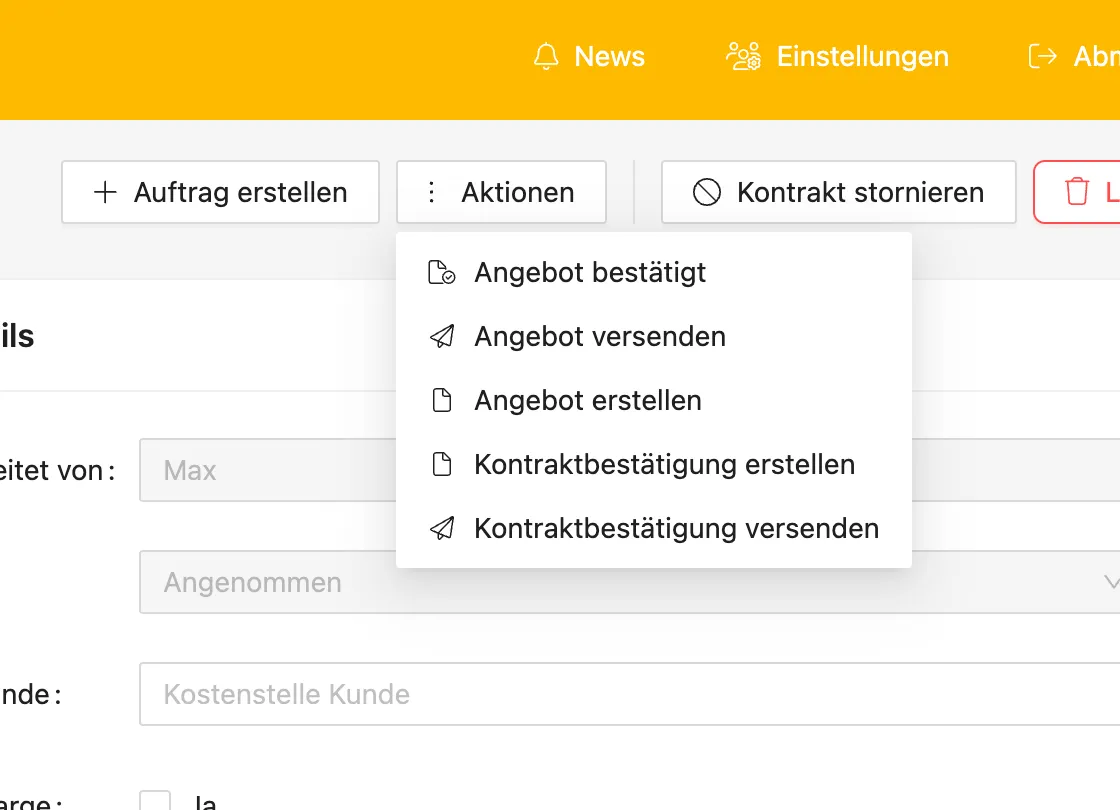 Aktionsmenü im Kontrakt mit Angebot und Kontraktbestätigung