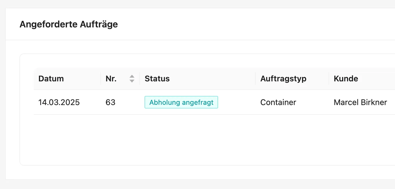 Dashboard mit angefragten Aufträgen und Status „Abholung angefragt“