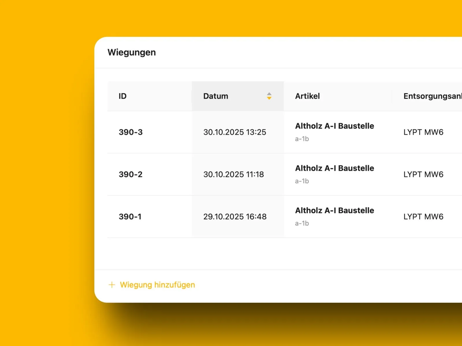 Liste aller Wiegungen eines Auftrags